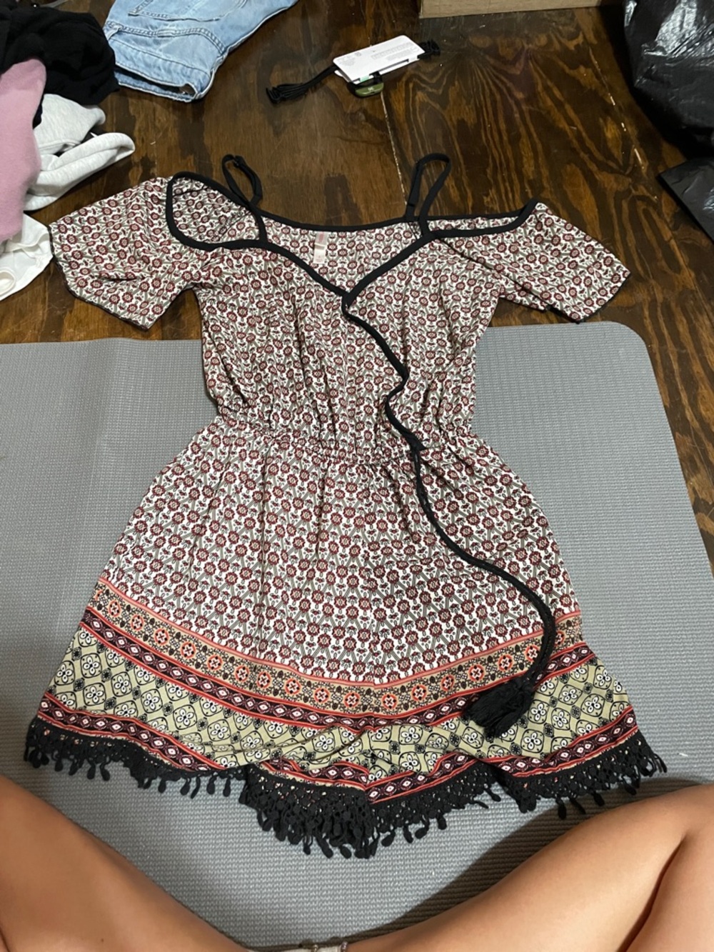 Boho Off-Shoulder Tassel Trim Dress in Burgundy Floral